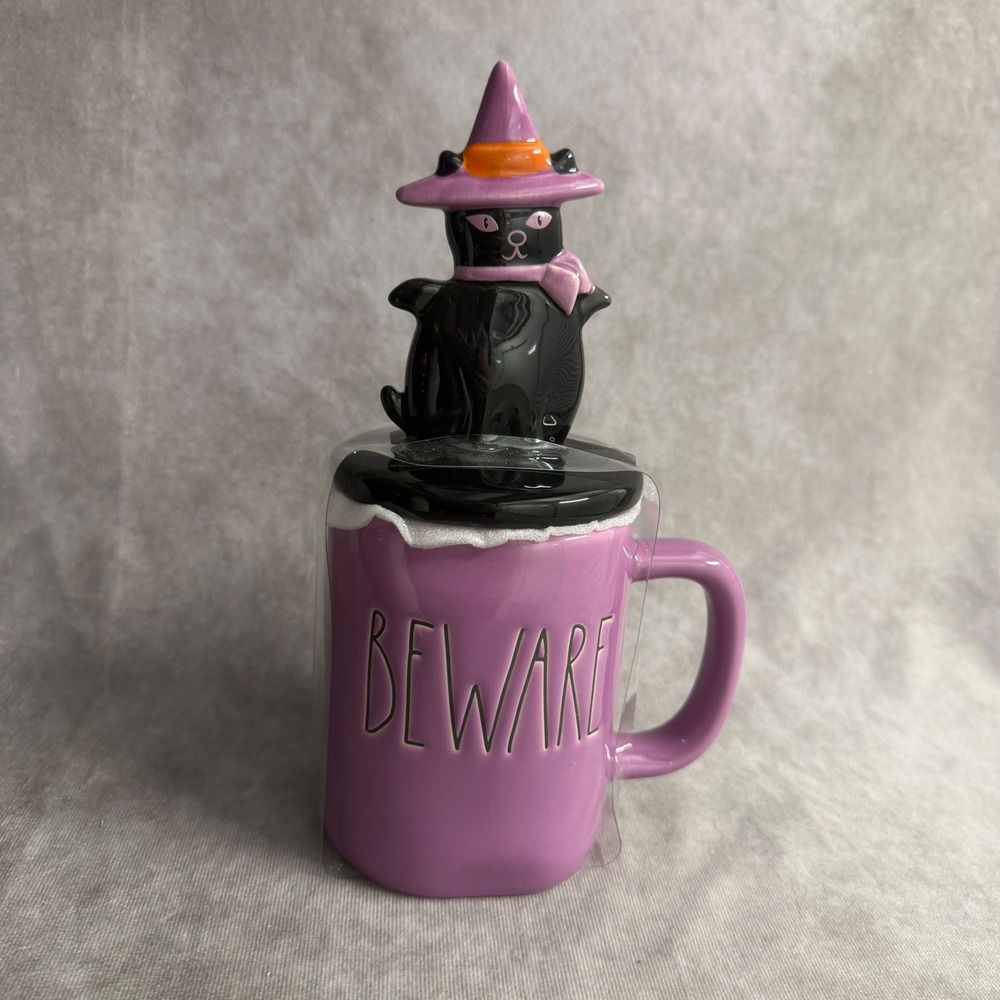 Rae Dunn Beware Mug Purple Black Cat Witch Hat Halloween Cauldron Lid